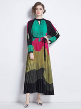 Printed Lantern Sleeve Pleated Tassel Belt Dress