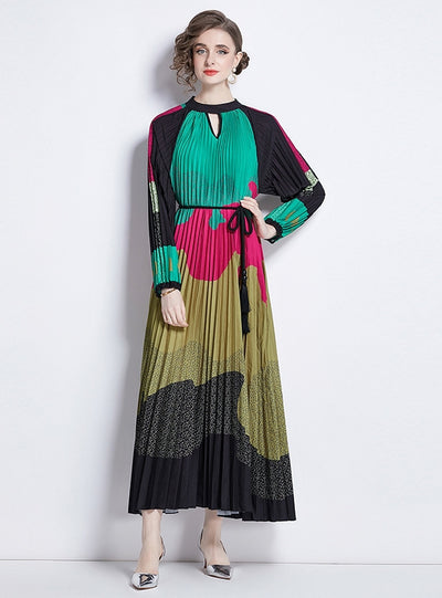 Printed Lantern Sleeve Pleated Tassel Belt Dress