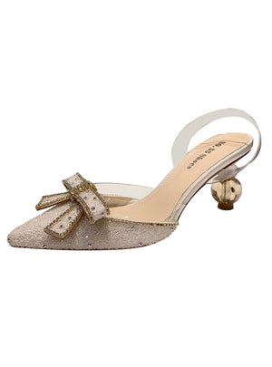 Pointed Bow Rhinestone High-heeled Sandals