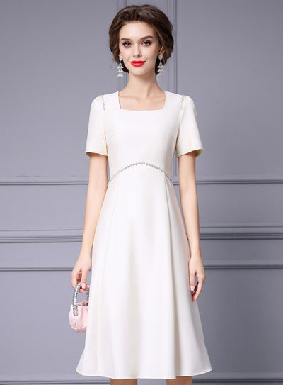 Beige Satin Short Sleeve Mother Of The Bride Dress