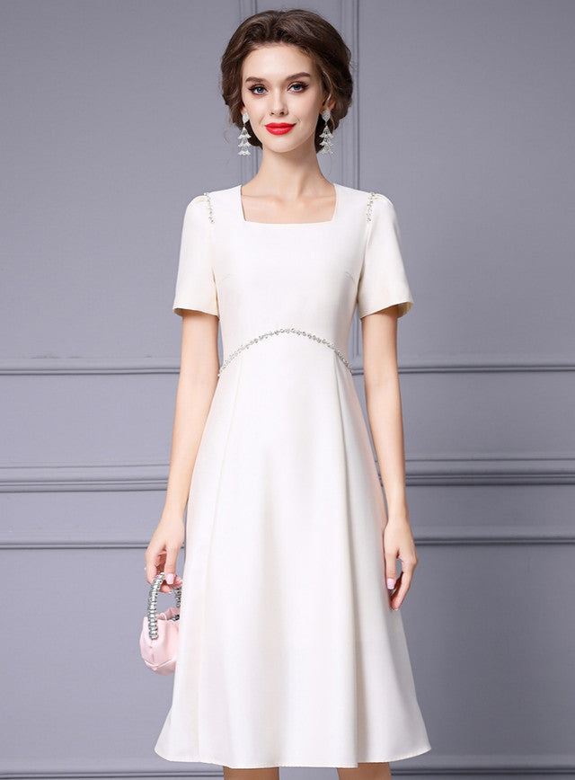 Beige Satin Short Sleeve Mother Of The Bride Dress