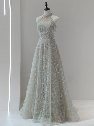 Gray Sequins Halter Beading Prom Dress