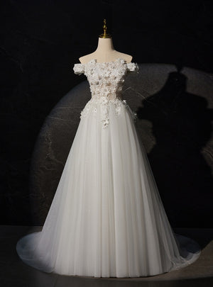White Tulle 3D Flower Wedding Dress