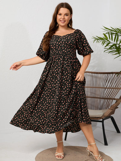 Print Black Square Backless Plus Size Dress