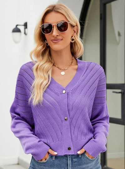 Loose V-neck Hollow Knit Cardigan Sweater