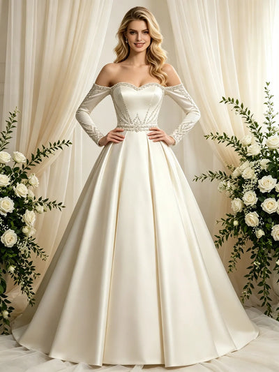 Ivory Satin Long Sleeve Beading Wedding Dress