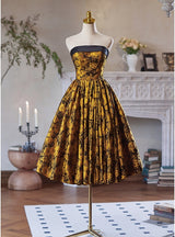Simple Black Yellow Print Strapless Homecoming Dress