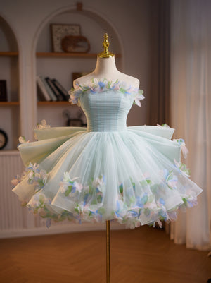 Green Tulle Strapless Flower Homecoming Dress