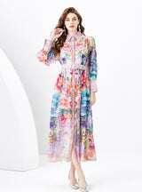 Palace Lapel Lantern Sleeve Long Retro Print Dress