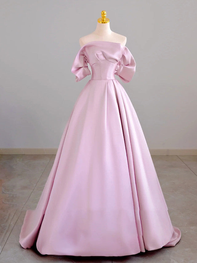 Pink Satin Off the Shoulder Pearls Prom Dress