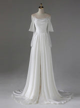 White Satin Lace Pleats Wedding Dress