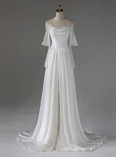 White Satin Lace Pleats Wedding Dress