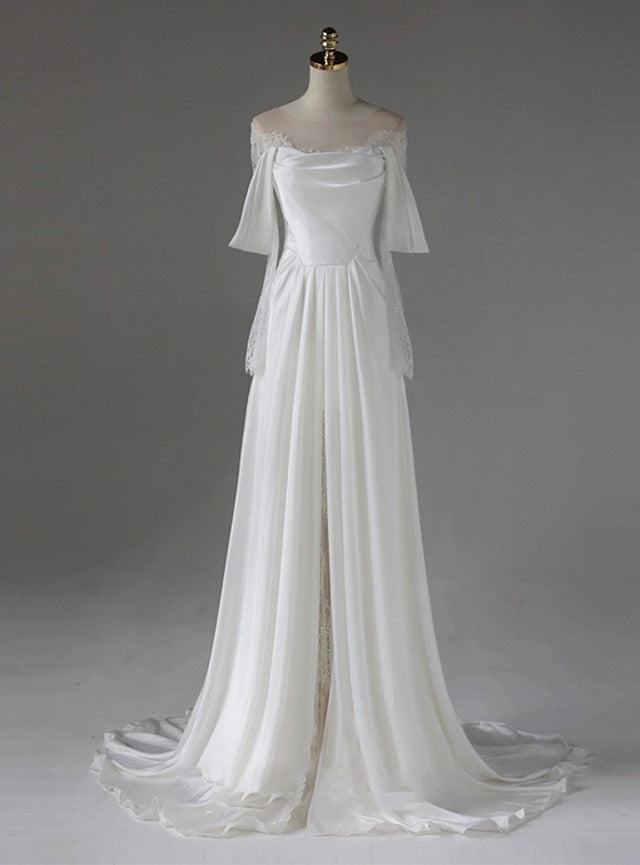 White Satin Lace Pleats Wedding Dress