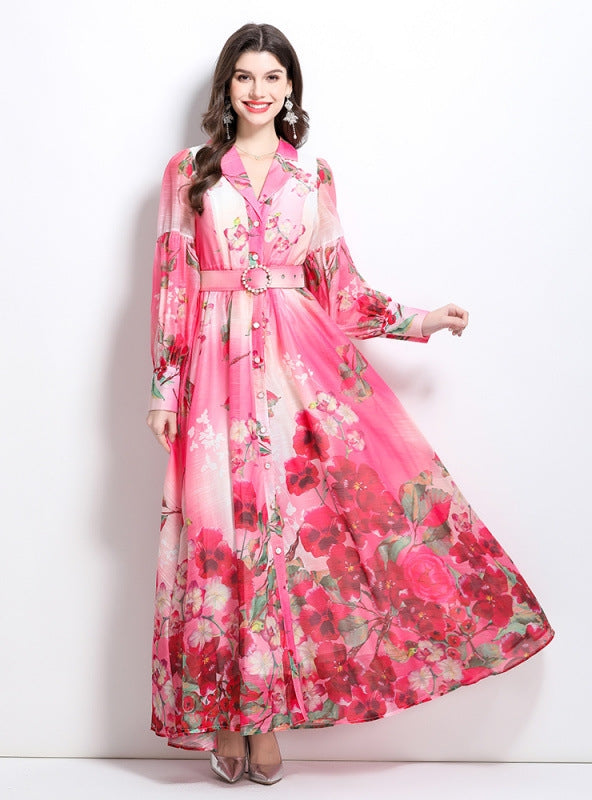 Flower Print Shirt Neck Long Sleeve Dress