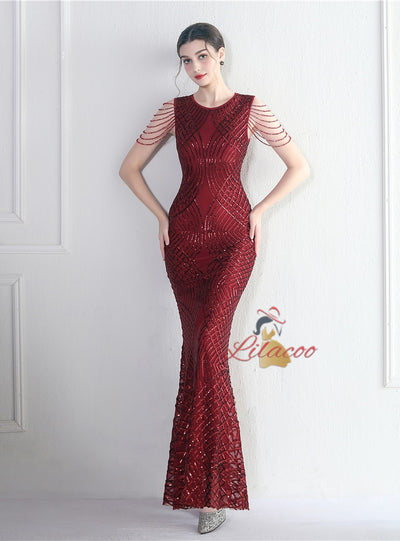 Mermaid Scoop Sequins Sleeveless Beading Prom Dress