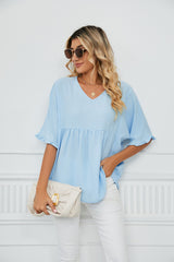 Solid Color V-neck Loose Stitching Chiffon Top