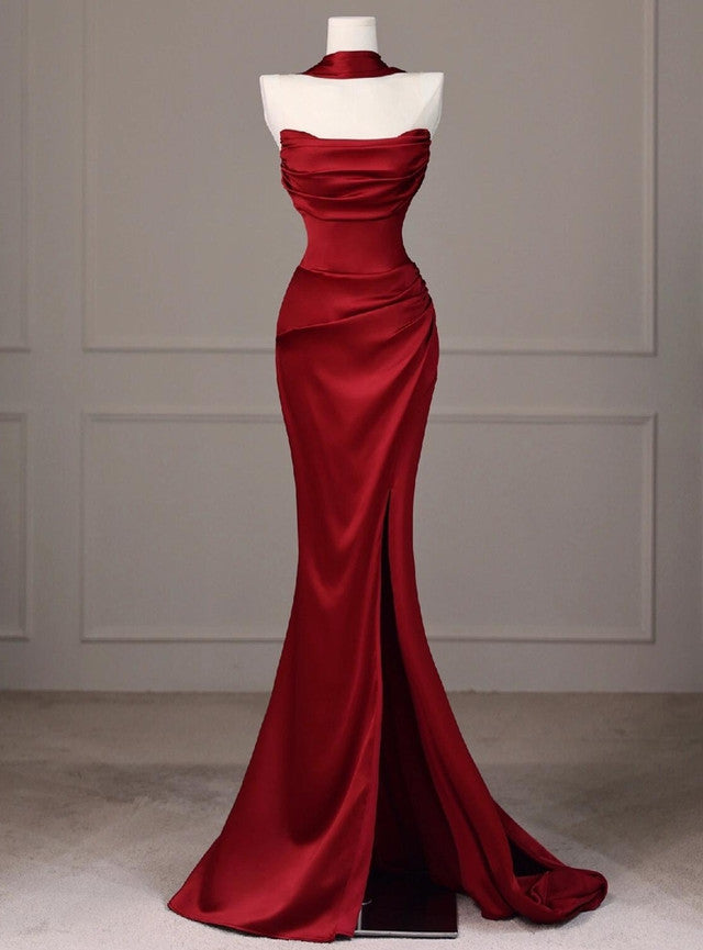 Burgundy Mermaid Satin Pleats Prom Dress