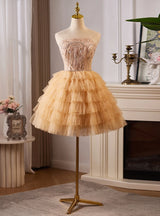 Champagne Tulle Strapless Tiers Homecoming Dress