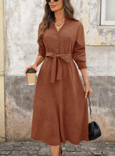 Brown Corduroy V-neck Joker Dress
