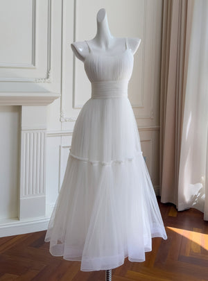 White Tulle Spaghetti Straps Pleats Prom Dress