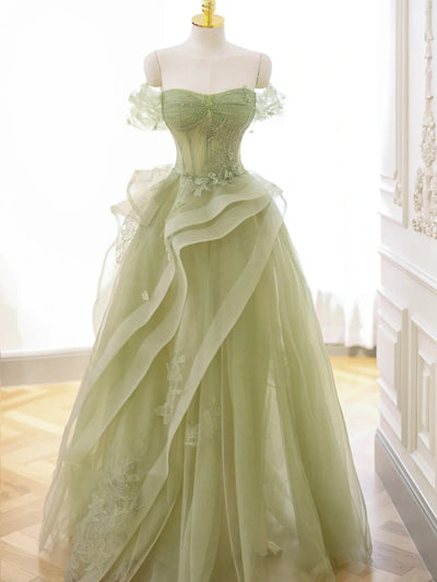 Green Tulle Beading Appliques Prom Dress