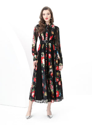 Spliced Wide Swing Printed Long Dress