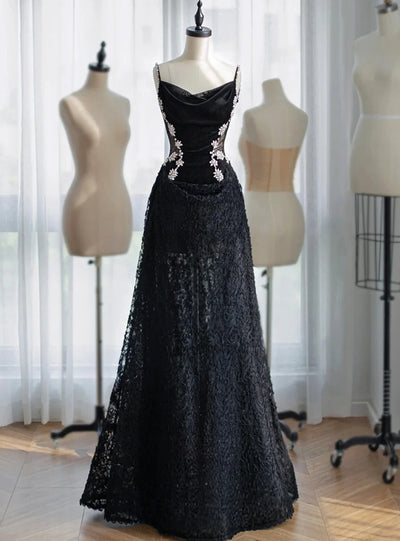 Black Lace Velvet Straps Crystal Prom Dress