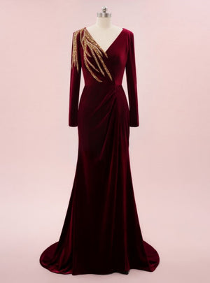 Burgundy Mermaid Velvet Beading Prom Dress