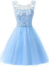 Blue Tulle Beading Crystal Homecoming Dress