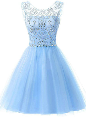 Blue Tulle Beading Crystal Homecoming Dress