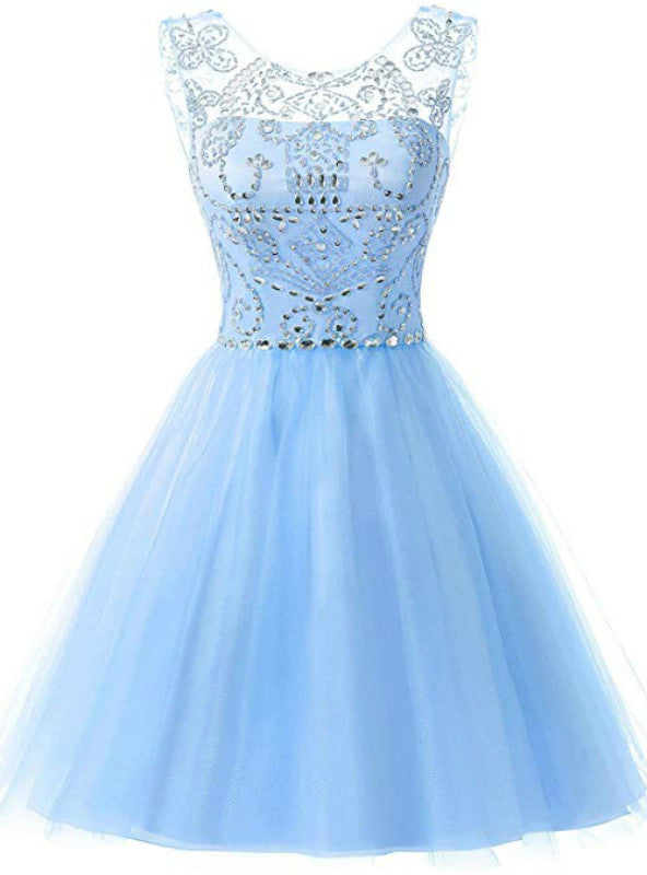 Blue Tulle Beading Crystal Homecoming Dress