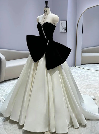 White Satin Black Velvet Bow Prom Dress