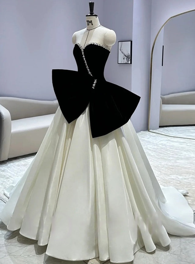 White Satin Black Velvet Bow Prom Dress
