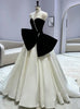 White Satin Black Velvet Bow Prom Dress