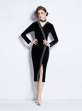 Black Velvet Beaded Slit Slim Dress