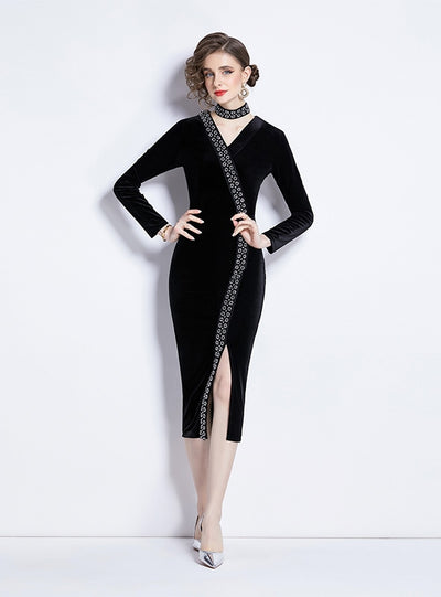 Black Velvet Beaded Slit Slim Dress