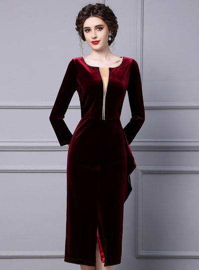 Burgundy Velvet Split Mother Of The Bride Dress