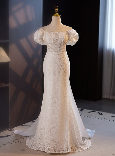 White Mermaid Lace Satin Pearls Wedding Dress