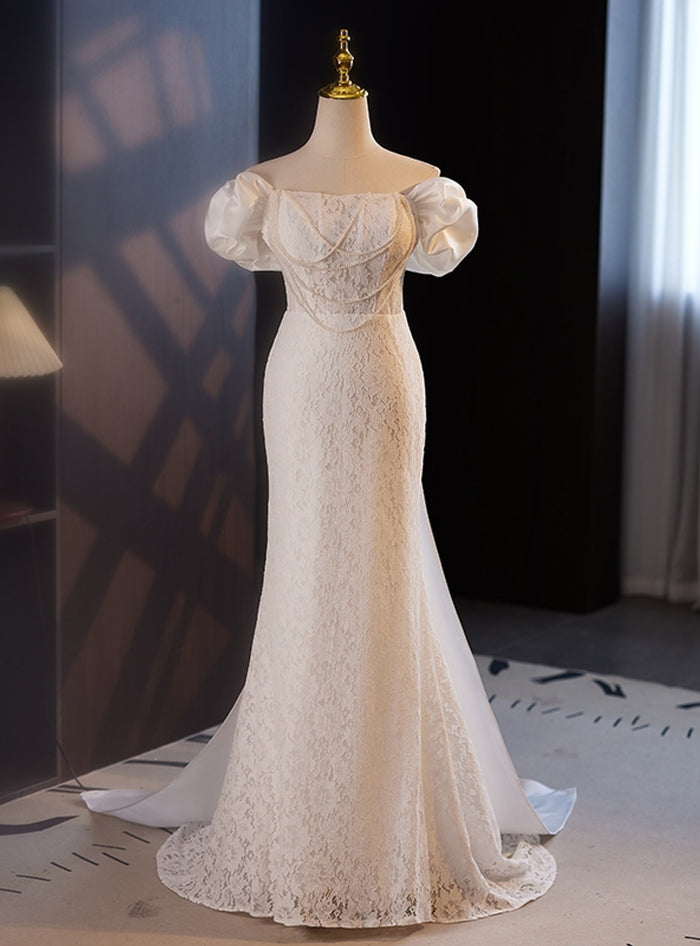 White Mermaid Lace Satin Pearls Wedding Dress