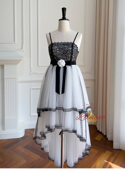 White Tulle Black Lace Straps Prom Dress