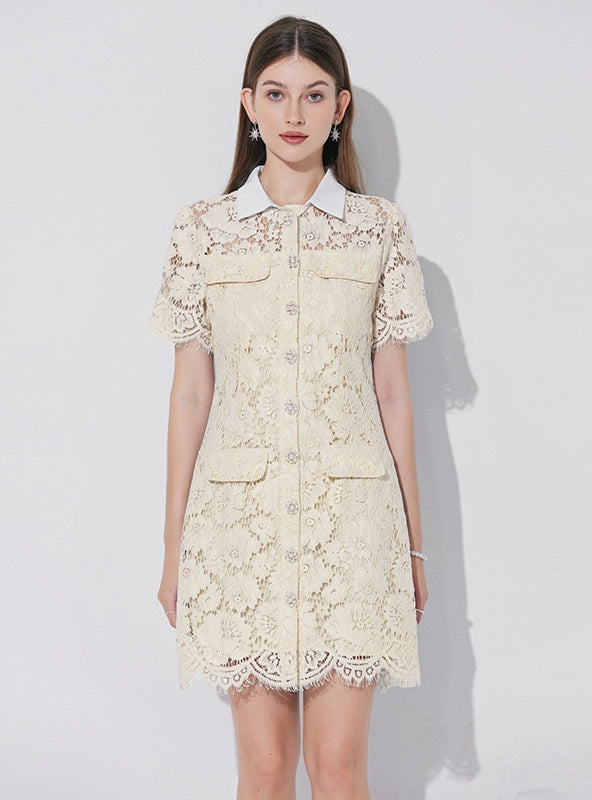 Apricot Lace Shirt Neck Dress