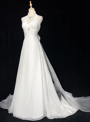 White Chiffon V-neck Beading Wedding Dress