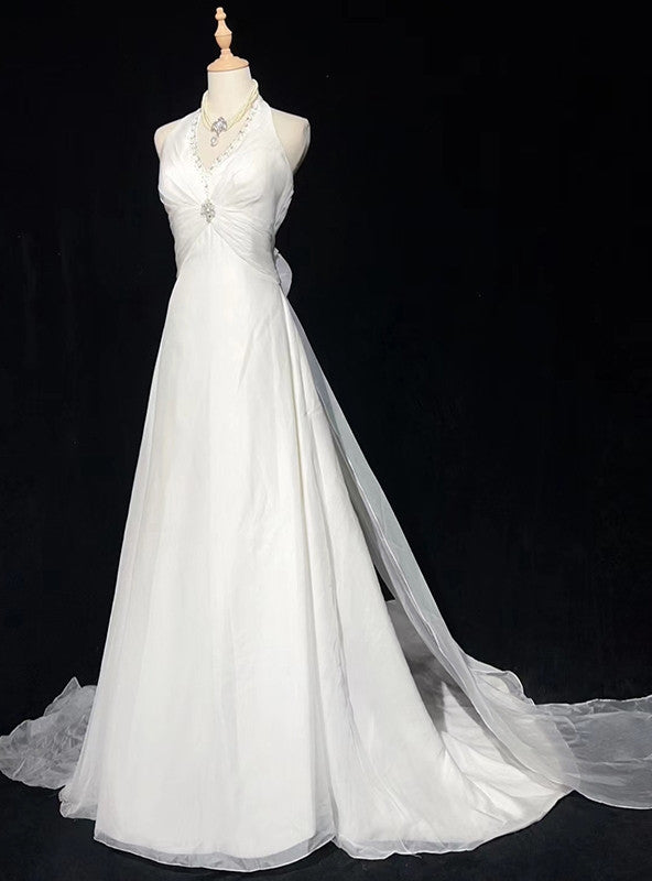 White Chiffon V-neck Beading Wedding Dress
