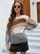 Splicing Leisure Round Neck Green Long-sleeved Sweater