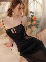 Solid Color Satin See-through Gauze Slit Nightdress