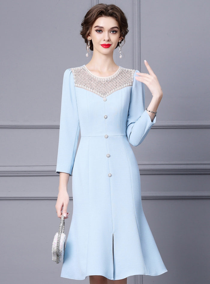 Light Blue Long Sleeve Beading Mother Of The Bride Dress