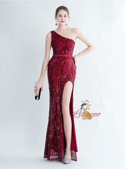 Mermaid One Shoulder Sequins Split Prom Dress