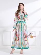 Retro Printed Deep V-neck Breasted Slim Dress