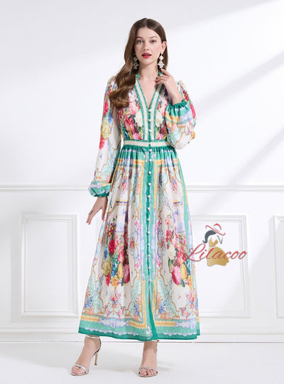 Retro Printed Deep V-neck Breasted Slim Dress