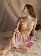 Satin Suspender Nightgown Long Sleeve Bathrobe Suit